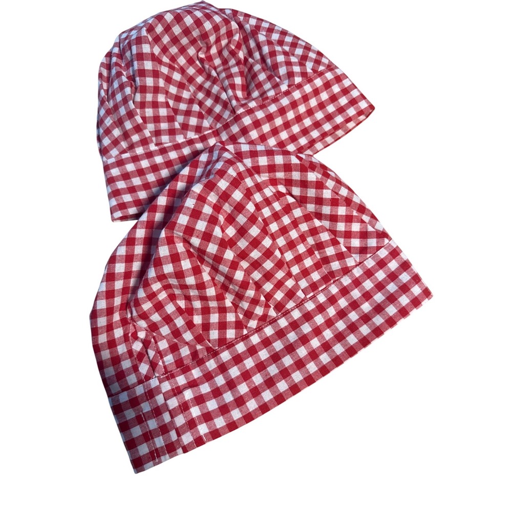 Set of 2 Red Gingham Chef Hats Checkered Pleated Toque Kitchen Accessories